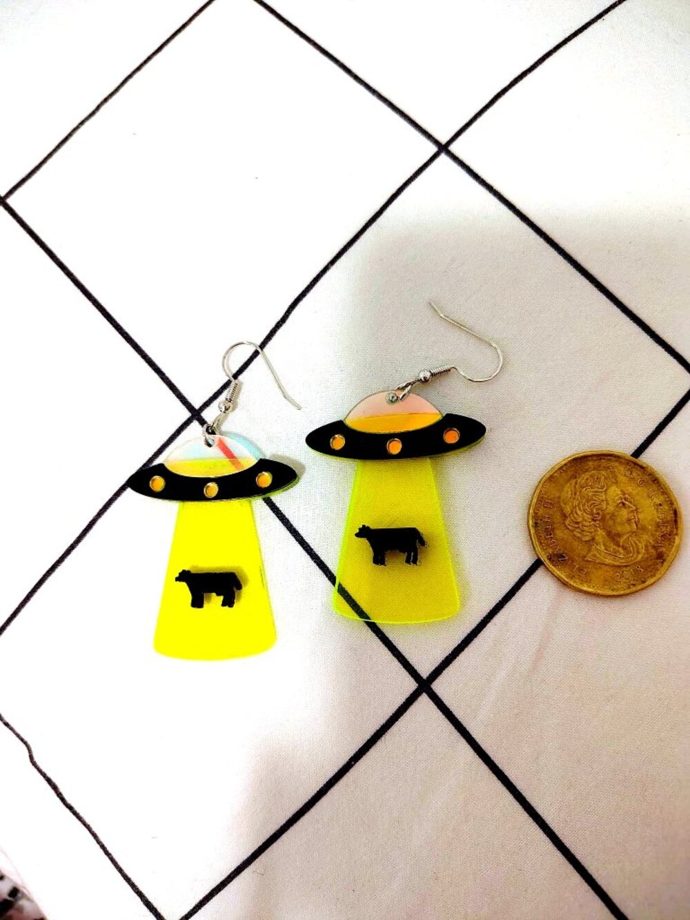 Acrylic UFO Cow Abduction Earrings — Alien Neon Yellow Novelty Fun Statement